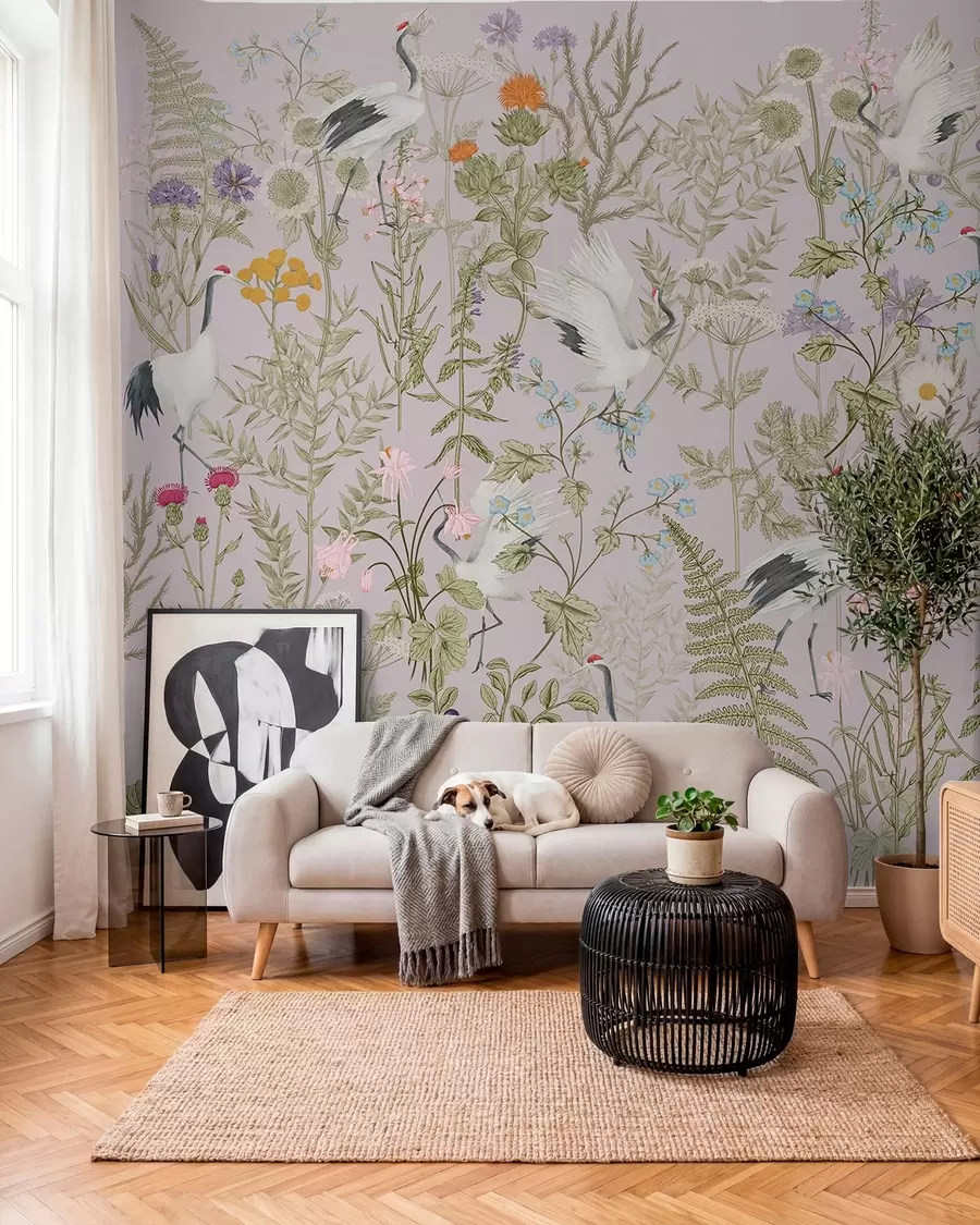Fototapetes Elegantas dzērves starp košiem ziediem w00380v3