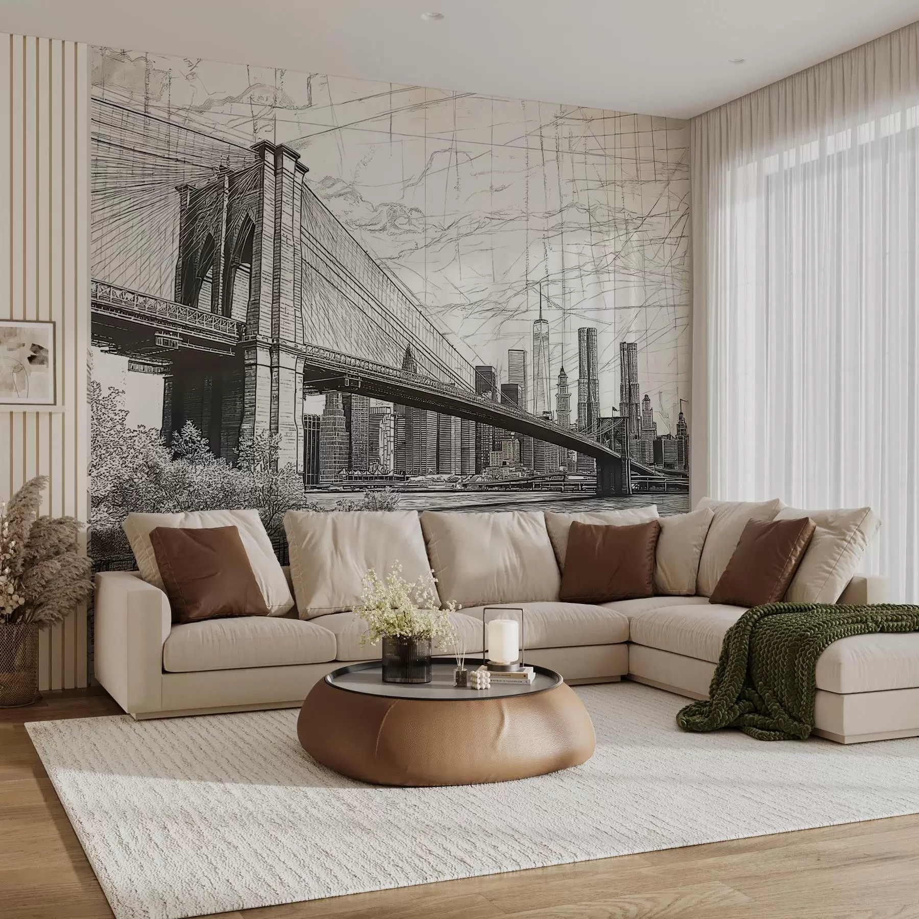 Fototapetes Bruklinas tilta panorāma, kas veidota skicētā retro tehnikā ar līnijām un skrāpējumiem w01961