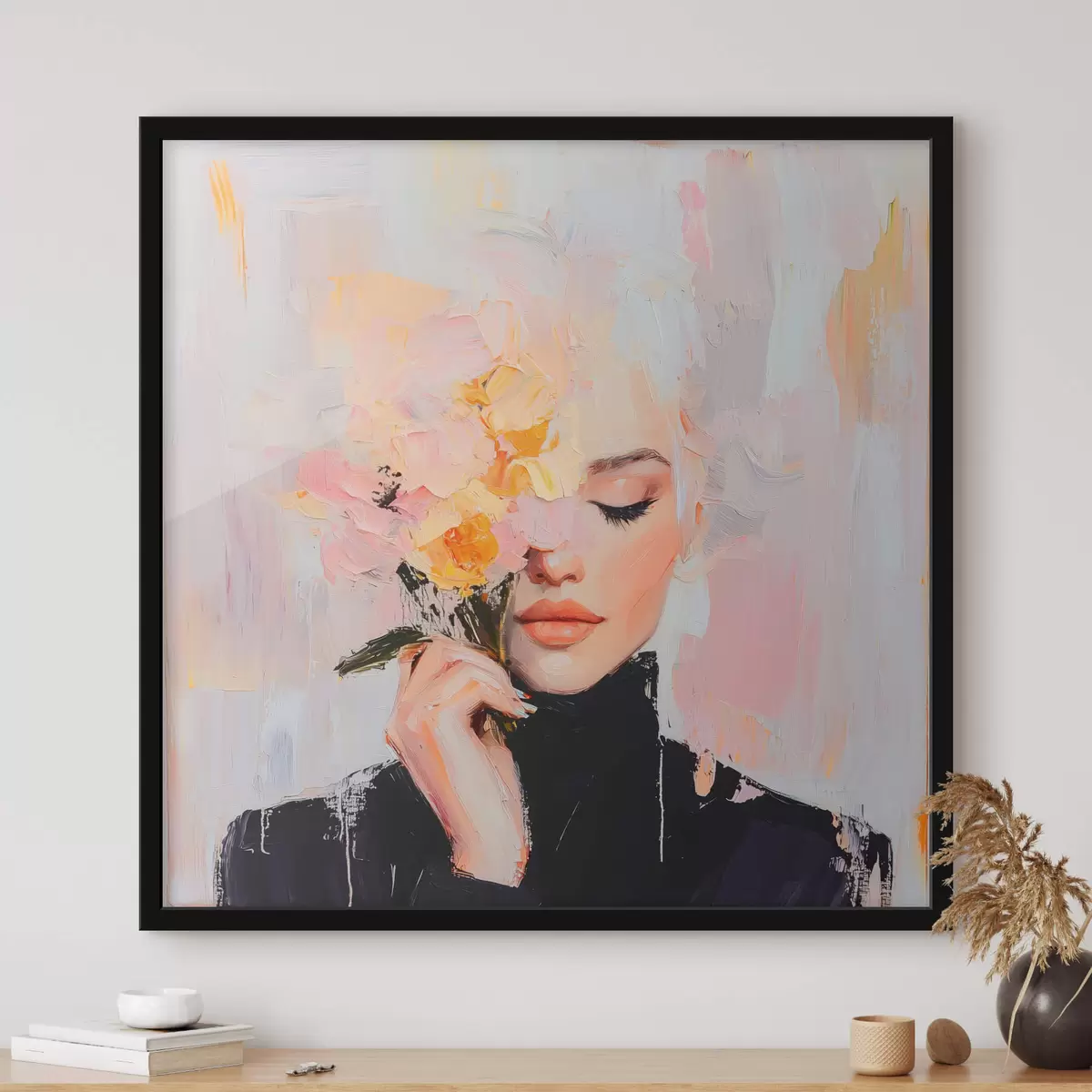 Plakāts Abstrakta sieviete ar ziedu pušķi rokās ar otas triepieniem f41355