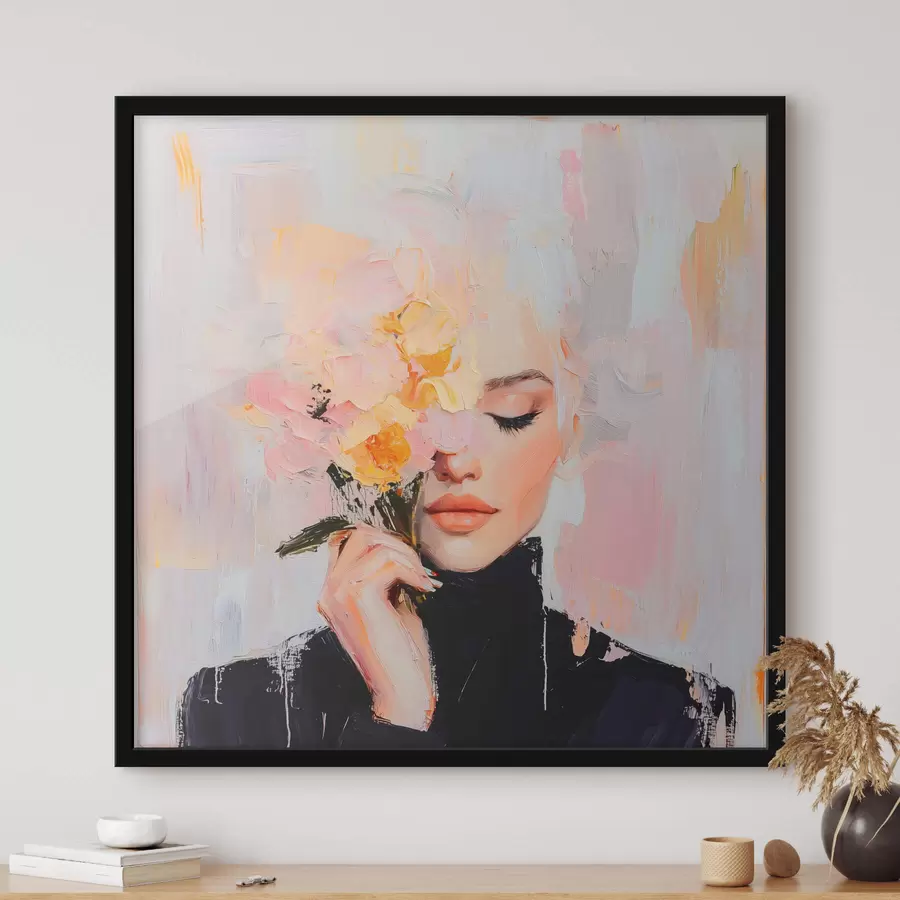 Fototapetes Abstrakta sieviete ar ziedu pušķi rokās ar otas triepieniem f41355