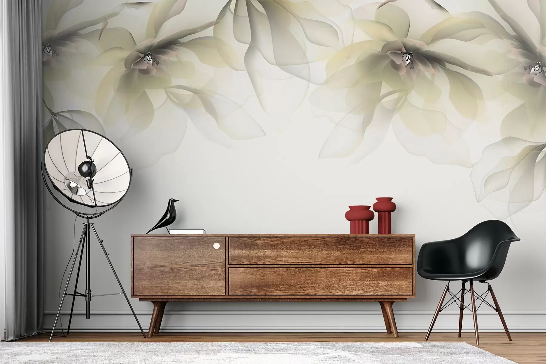 Fototapetes dzelteni caurspīdīgi lieli ziedi virsū w02093v1