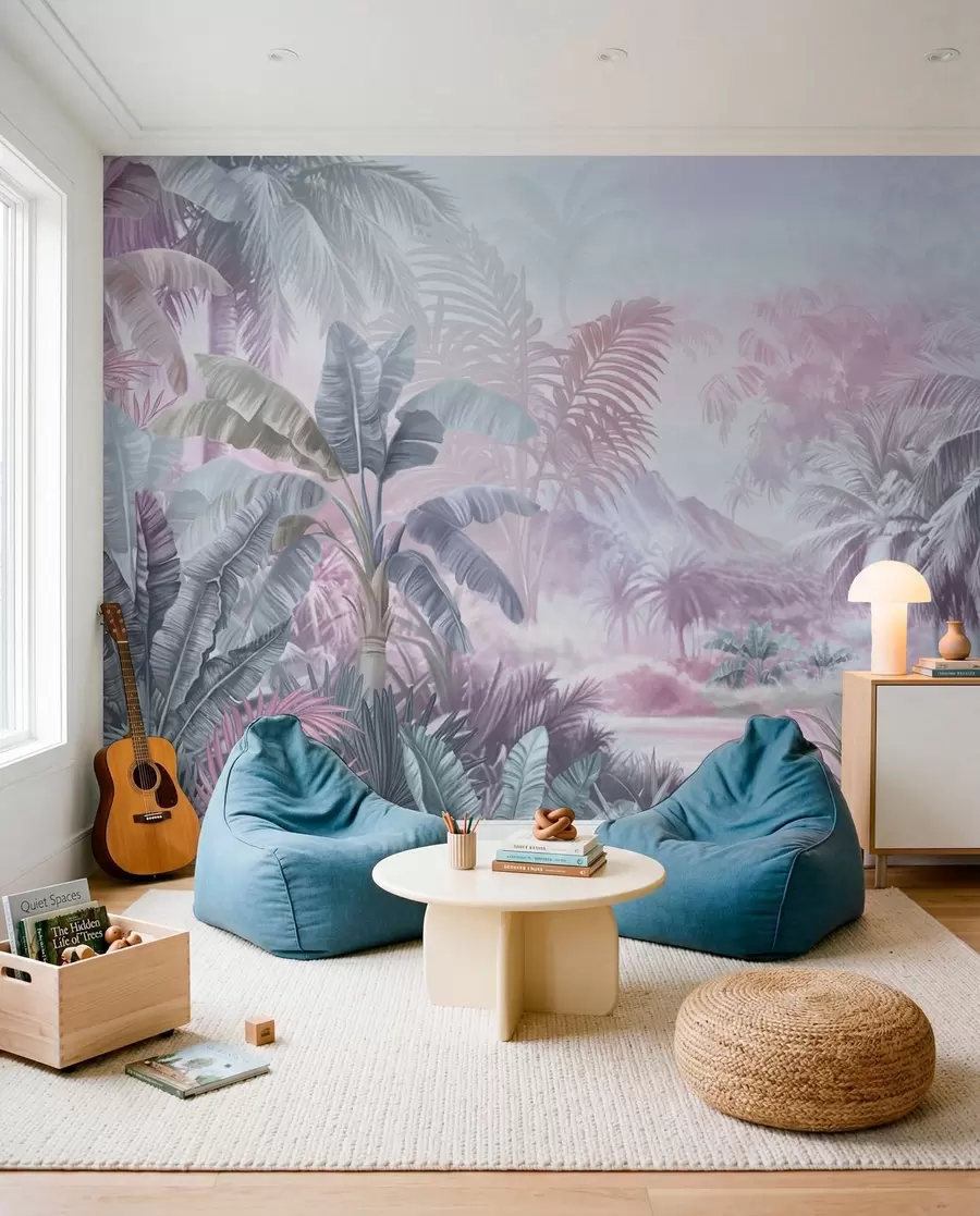 Fototapetes Lietus mežs maigos zilos un rozā toņos w01931v2
