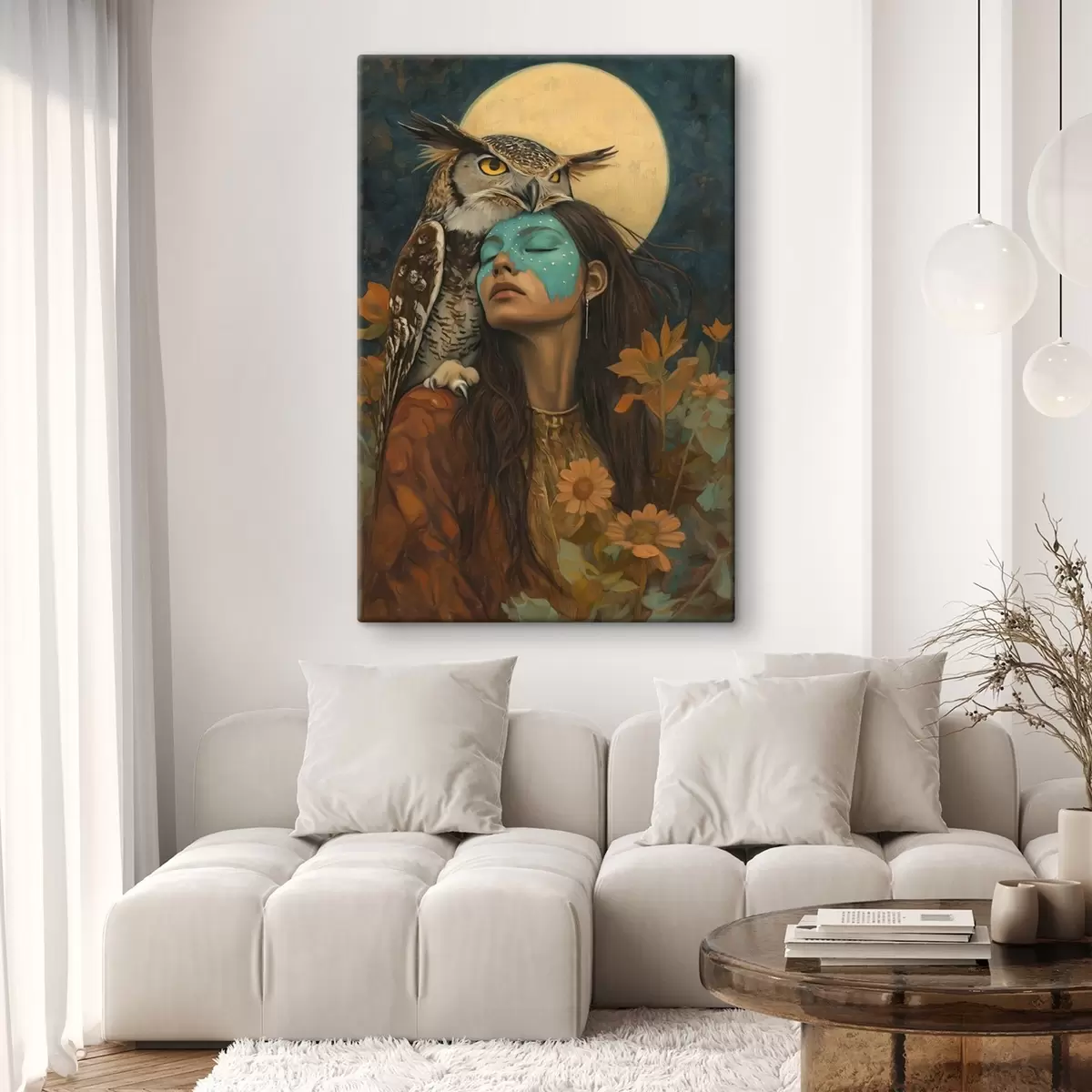 Glezna Sieviete ar pūci, cilšu stilā, pilnmēness, ziedi s41444