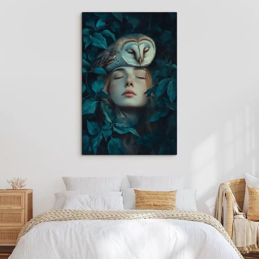 Glezna Sieviete ar pūci zaļās lapās, mierīga, daba s41445