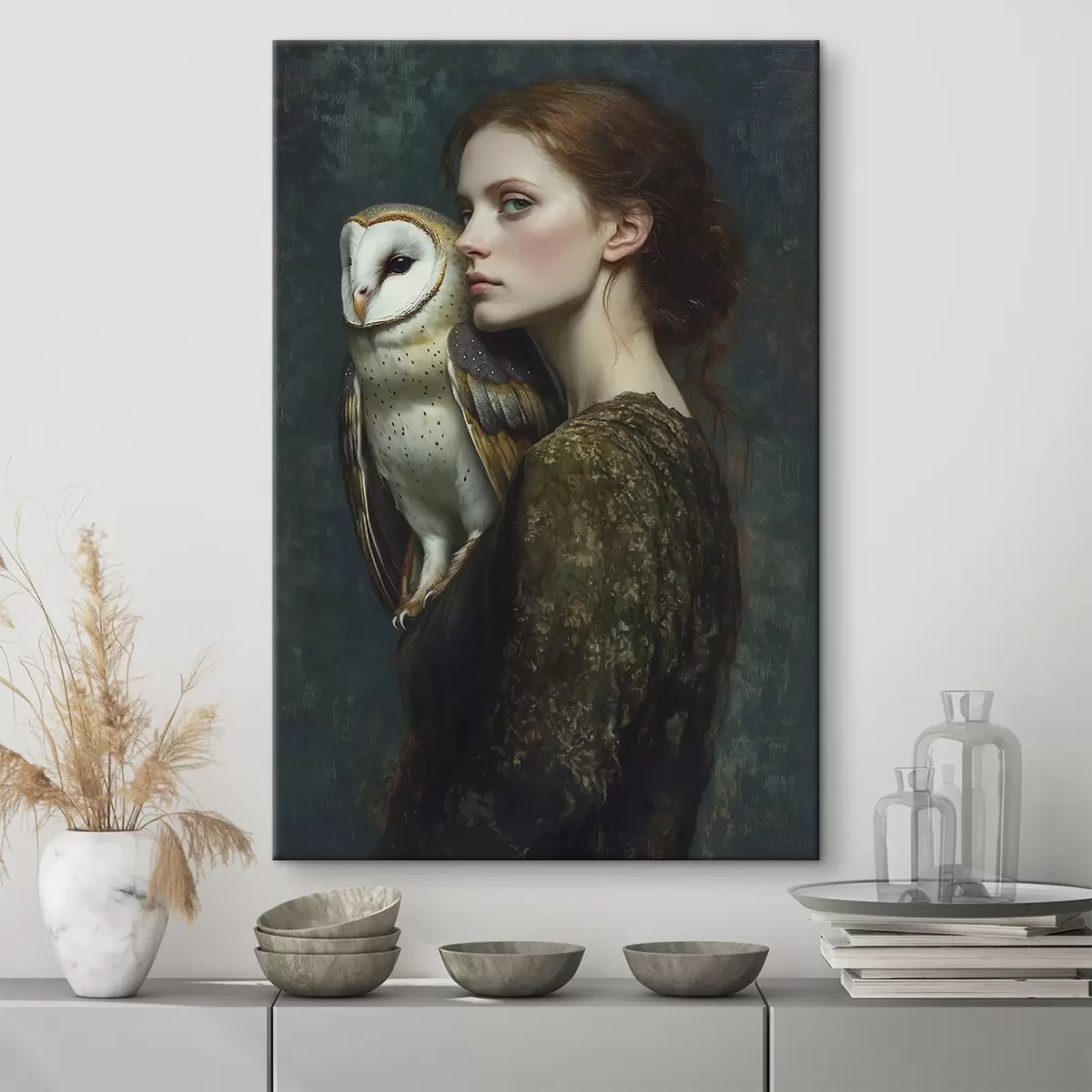 Glezna Sievietes portrets ar pūci uz pleca, triepieni ar otu, akrils s41447