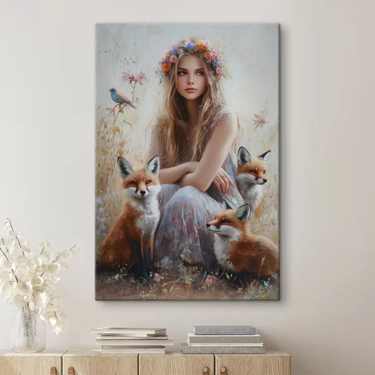 Glezna Meitene pļavā, savvaļas dzīvnieki, lapsas, putni, ziedu vainags  s41451