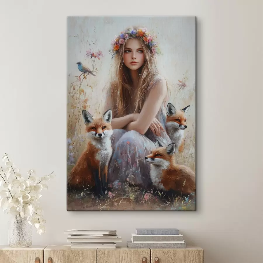 Glezna Meitene pļavā, savvaļas dzīvnieki, lapsas, putni, ziedu vainags  s41451