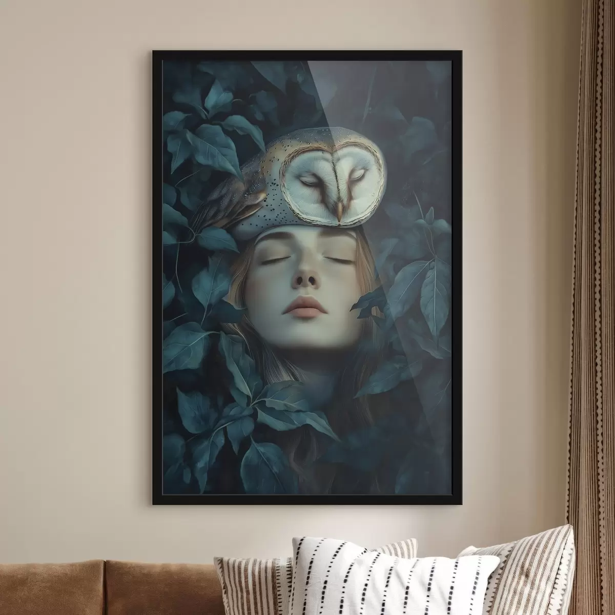 Plakāts Sieviete ar pūci zaļās lapās, mierīga, daba f41445