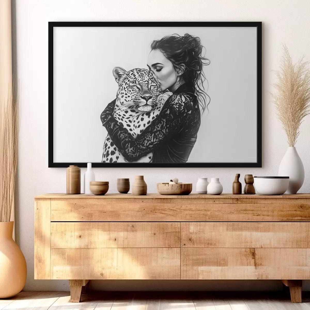 Plakāts Sieviete skūpsta leopardu, zīmējums ar zīmuli, savvaļas dzīvnieki, melnbalts f41457