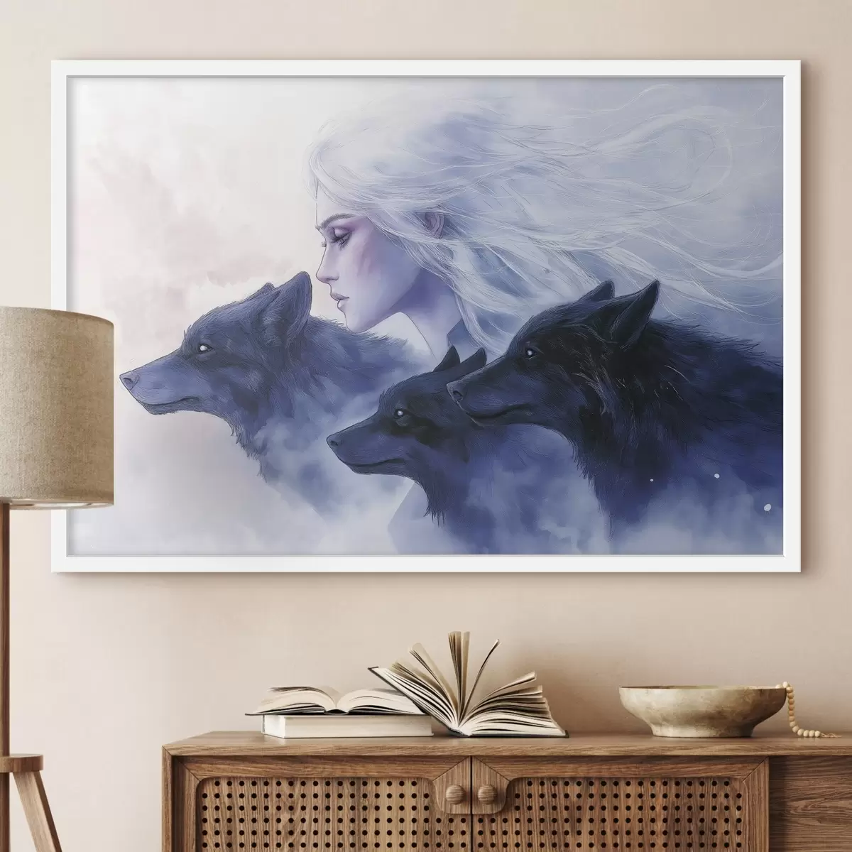 Plakāts Ziema, sieviete ar vilkiem, migla, noslēpumains f41460