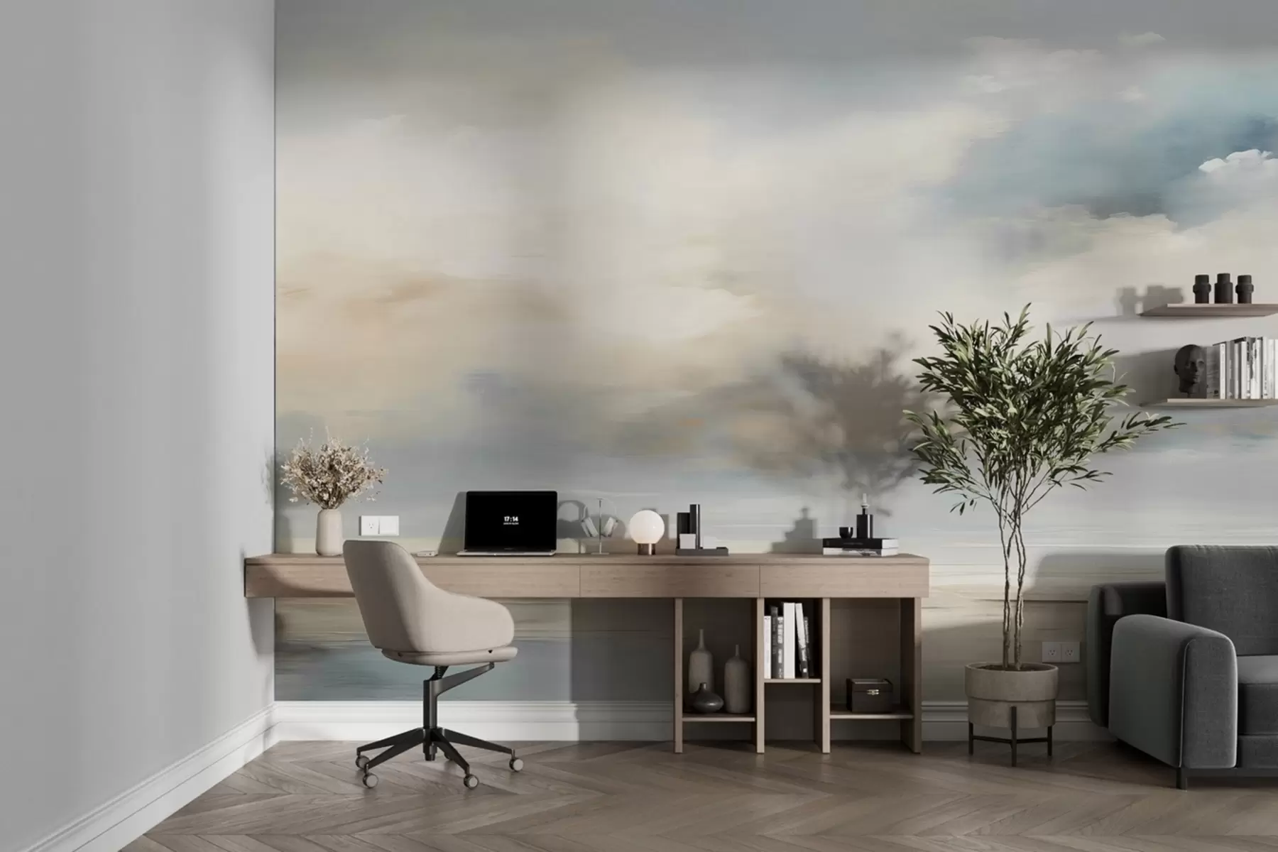 Fototapetes Gleznota akvareļu ainava ar mākoņiem un jūru w02116