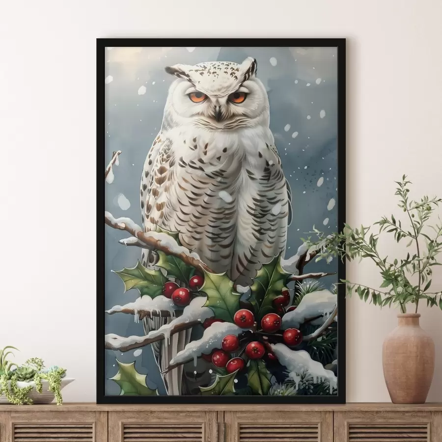 Fototapetes Pūce uz ziemas zara ar ogām un lapām f41482