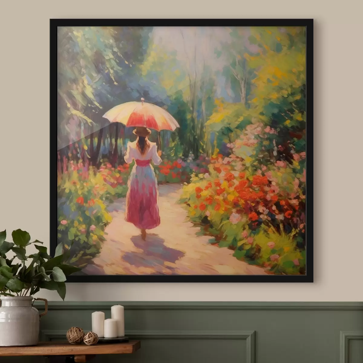 Plakāts Dāma ar lietussargu ziedošā dārzā f41495