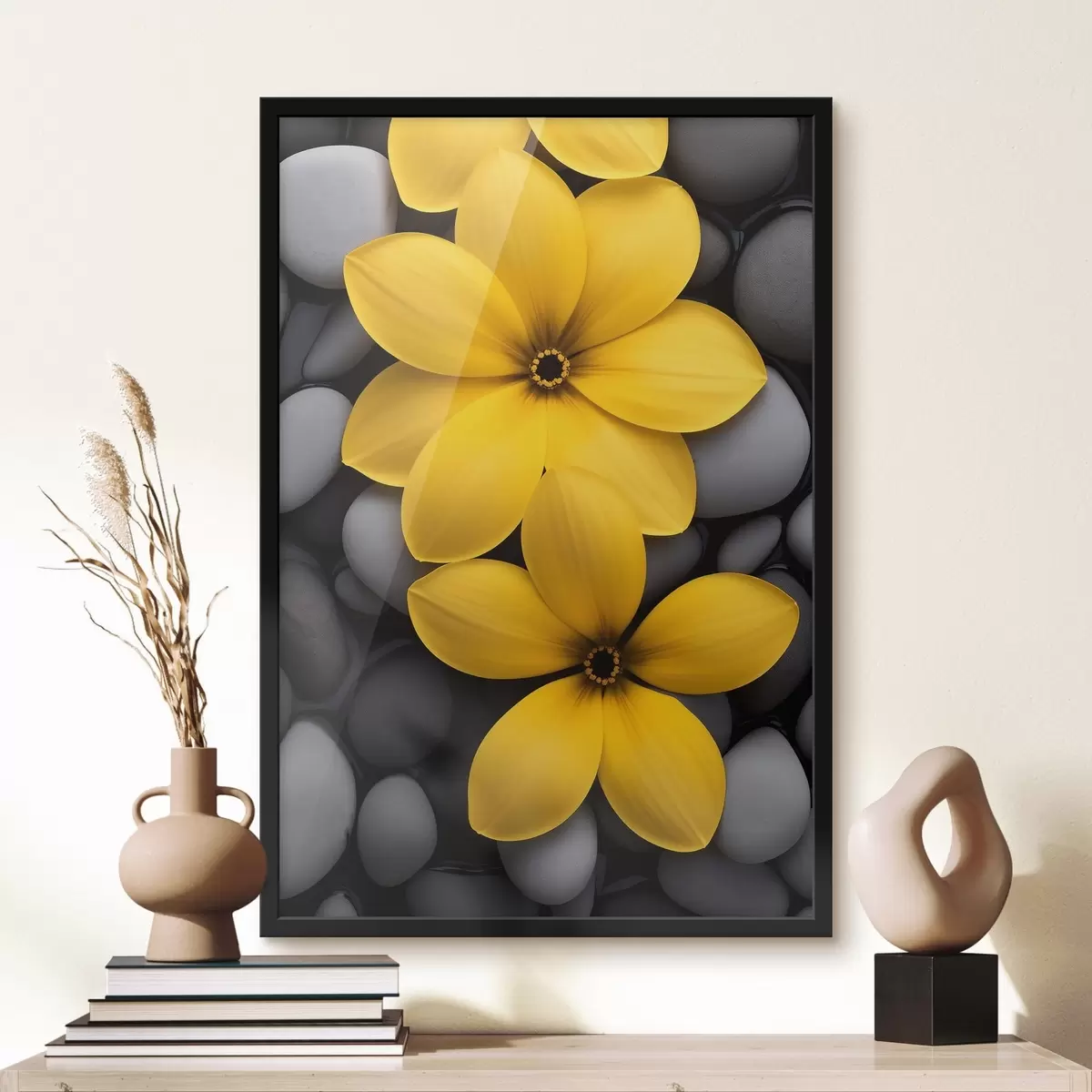 Plakāts Dzelteni ziedi uz akmens f41547