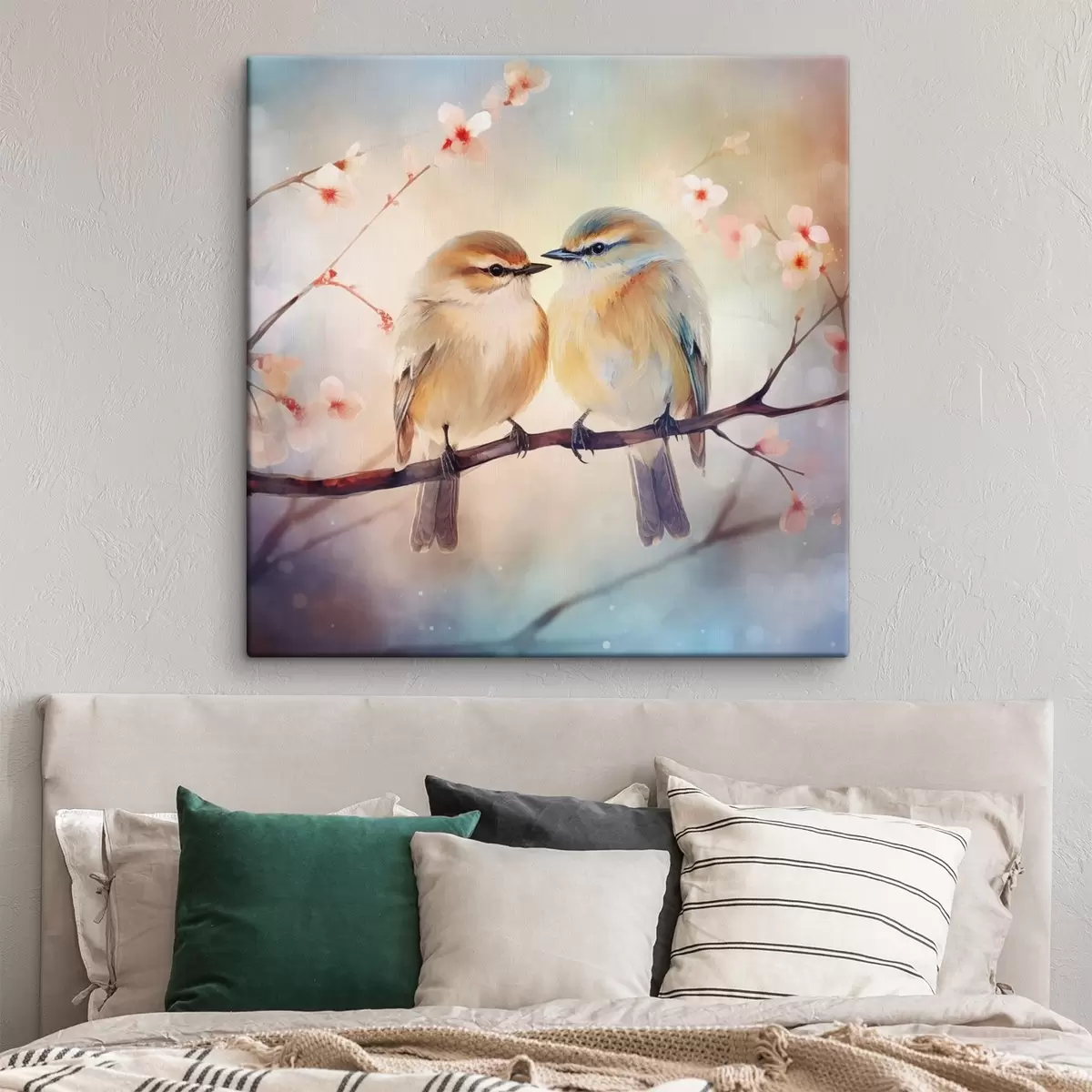 Glezna Putnu pāris sēž uz ziedoša zara s41476