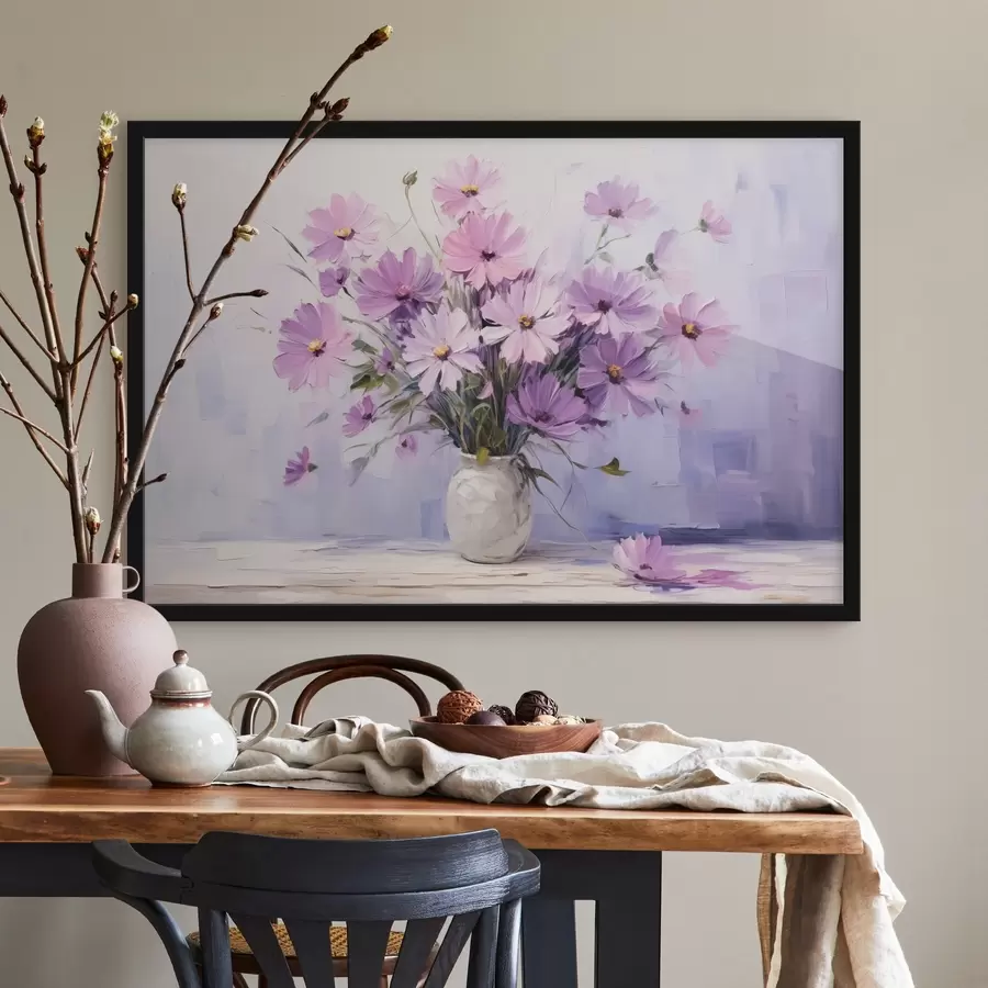 Fototapetes Smalki violeti violeti ziedi vāzē f41475