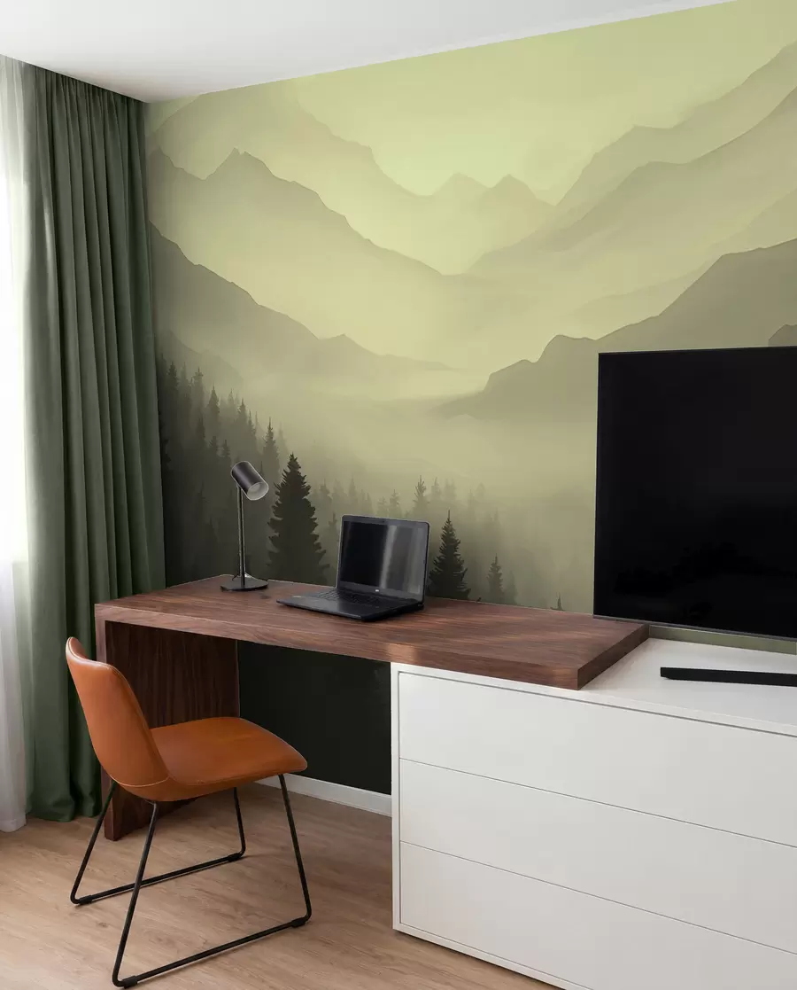 Fototapetes Mežs un kalni zaļos toņos w02186v1