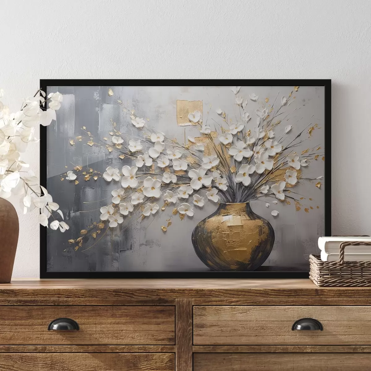 Plakāts Apjoma nelieli gaismas ziedi vāzē, eļļas glezniecības imitācija f41558