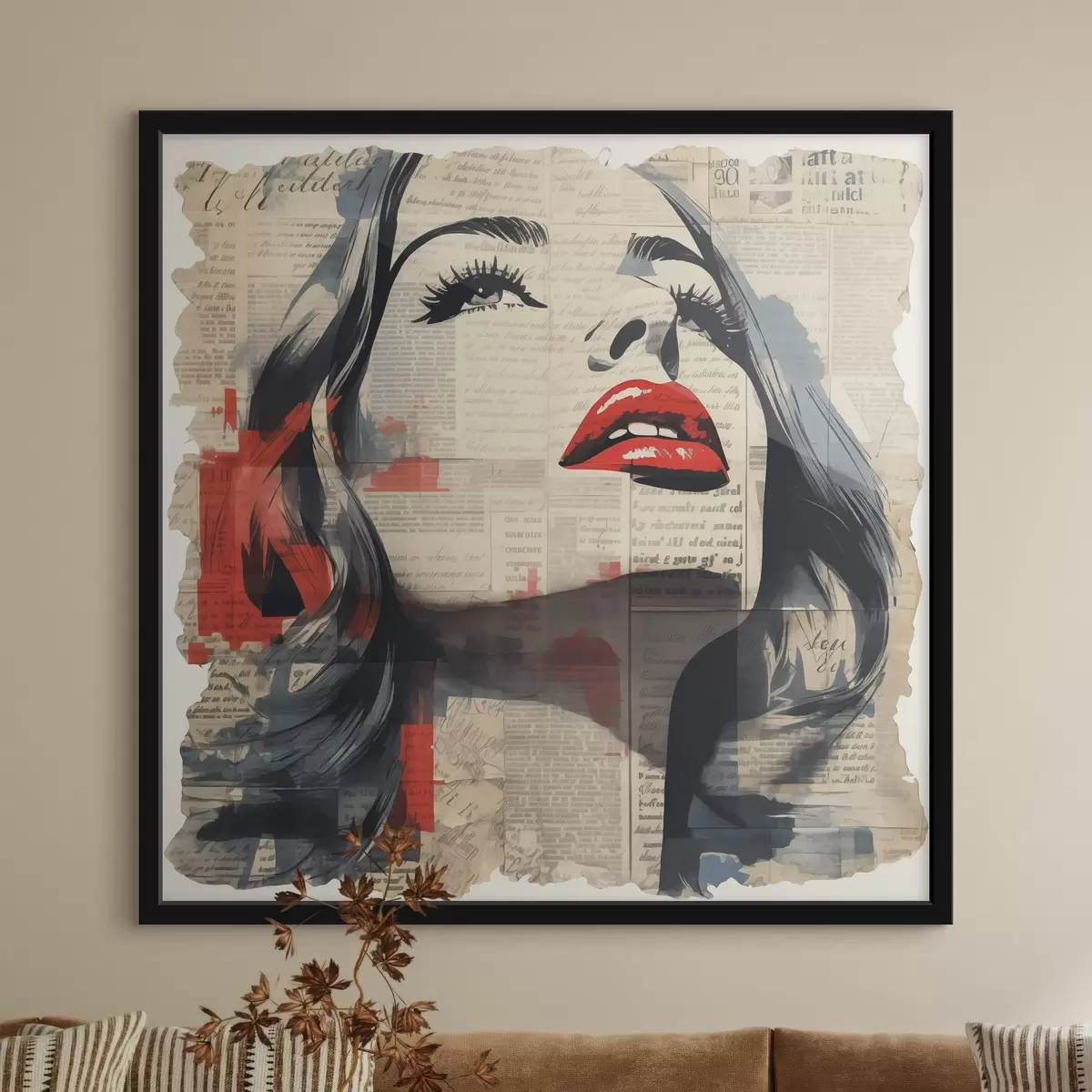 Plakāts Meitenes portrets uz vecas avīzes kolāžas stilā f41619