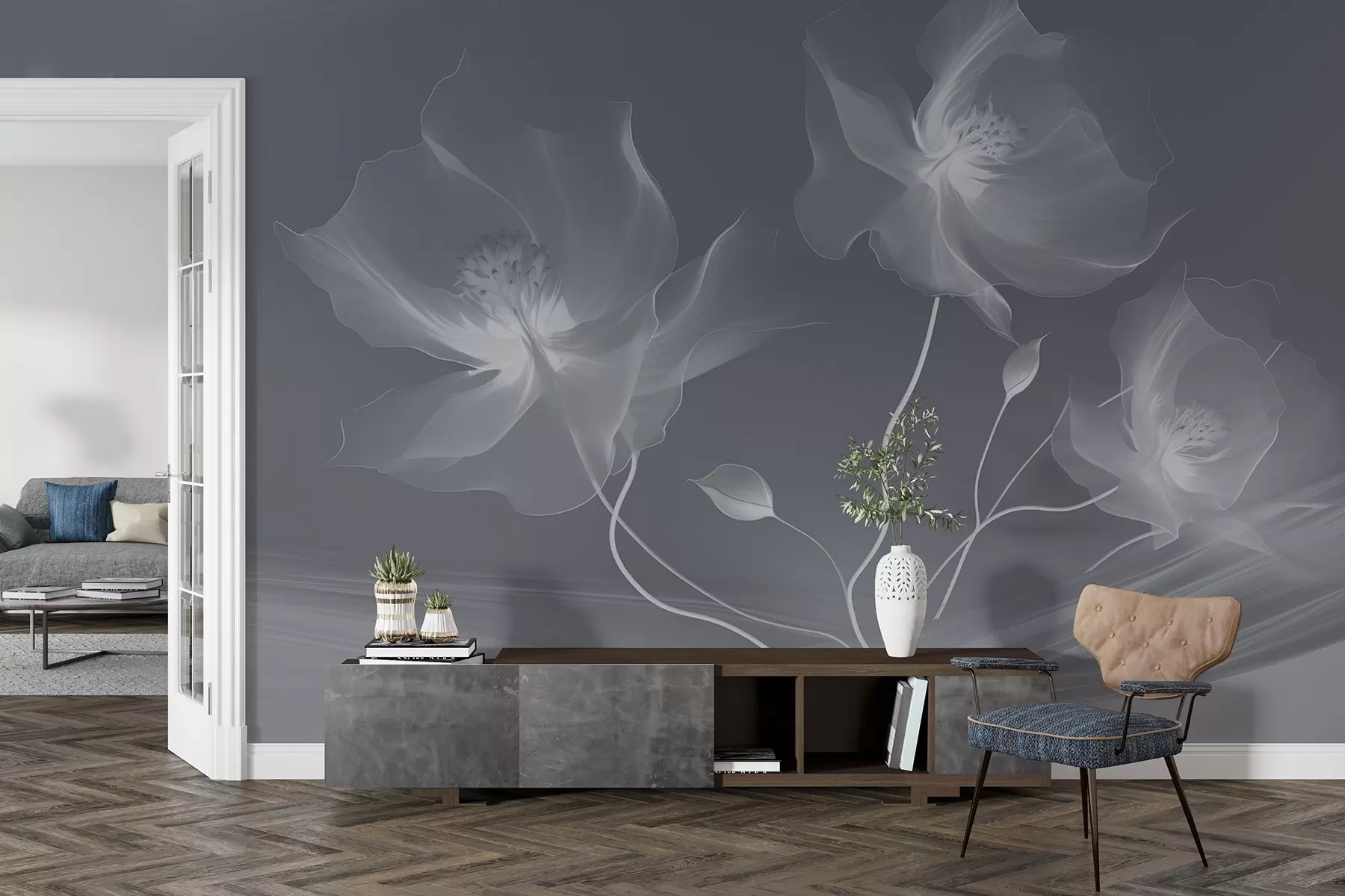 Fototapetes Trīs graciozi ziedi ar caurspīdīgām ziedlapiņām, kas savijas ar gaismas un vēja lentēm zilos toņos w01932v2