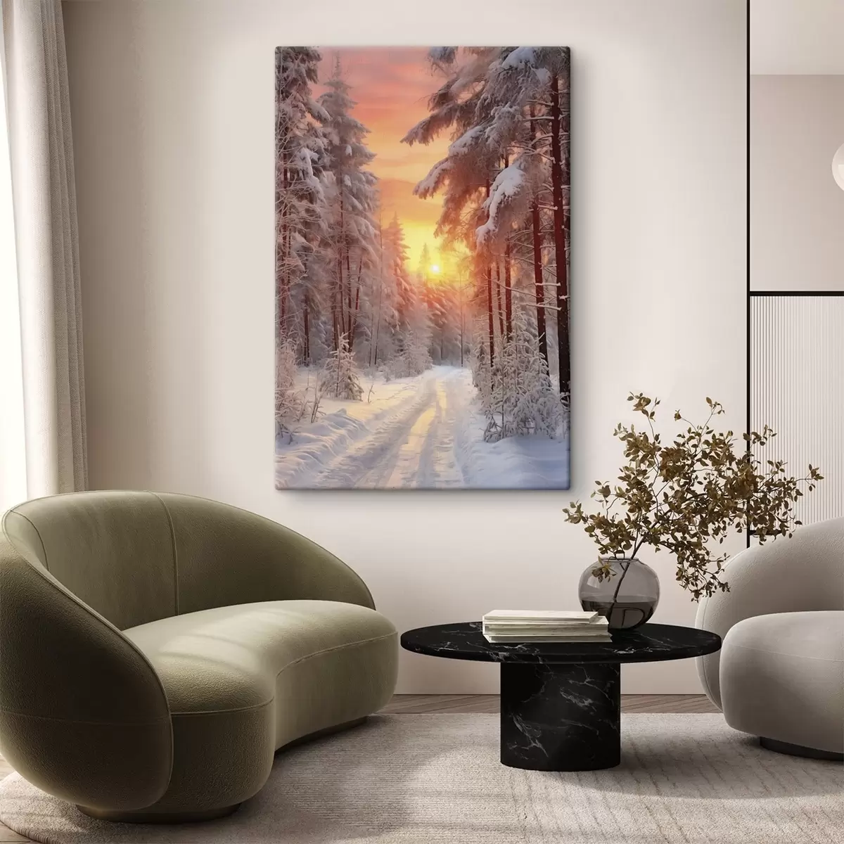 Glezna Ceļš ziemas mežā, sniegs, priedes, saulrieta krāsas s41639