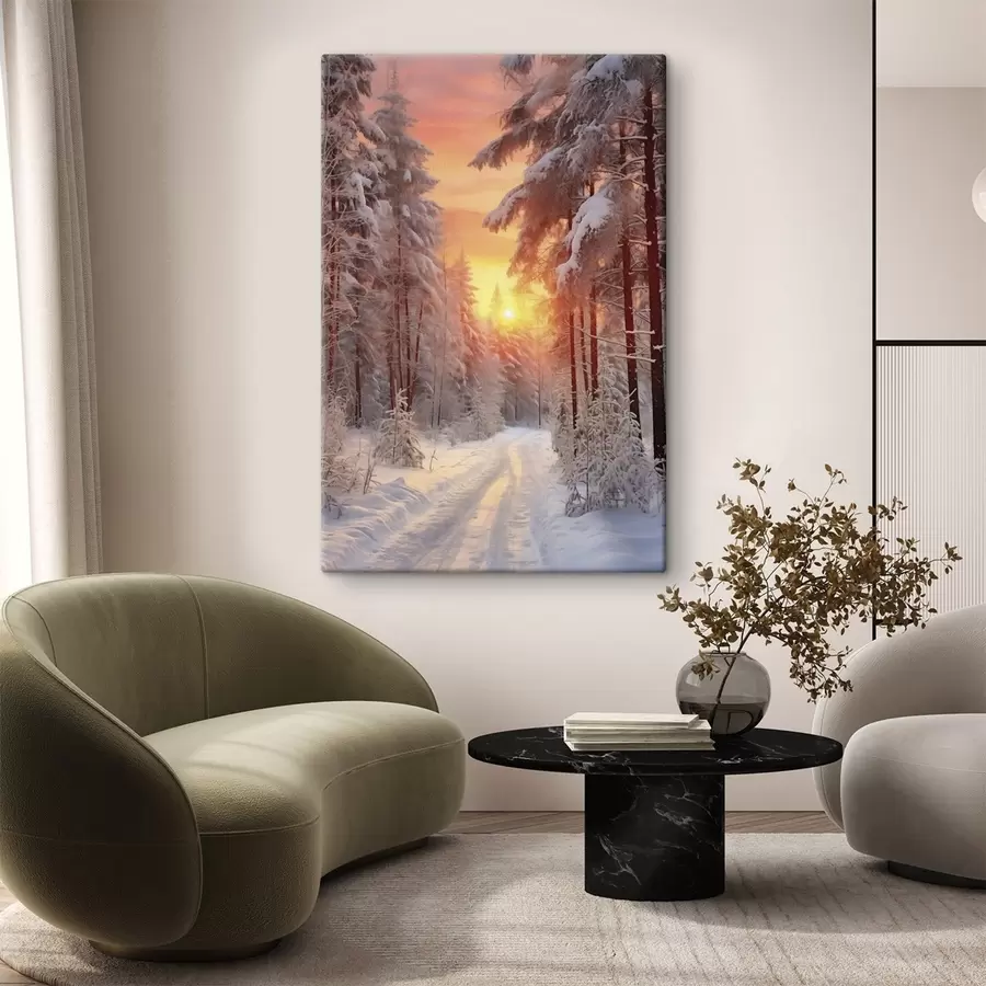 Glezna Ceļš ziemas mežā, sniegs, priedes, saulrieta krāsas s41639