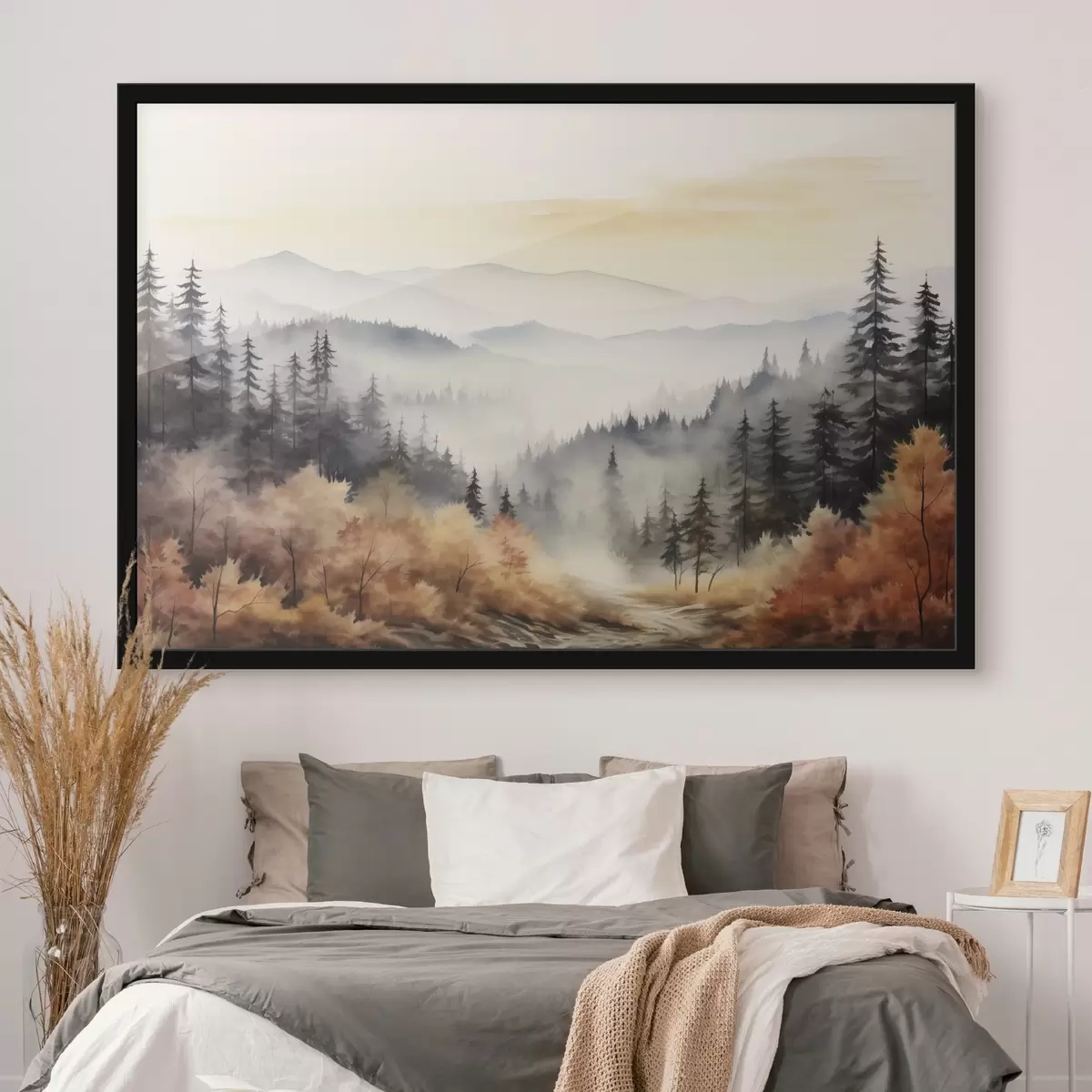 Plakāts Skaisti miglaini kalni, rudens mežs, akvarelis f41646