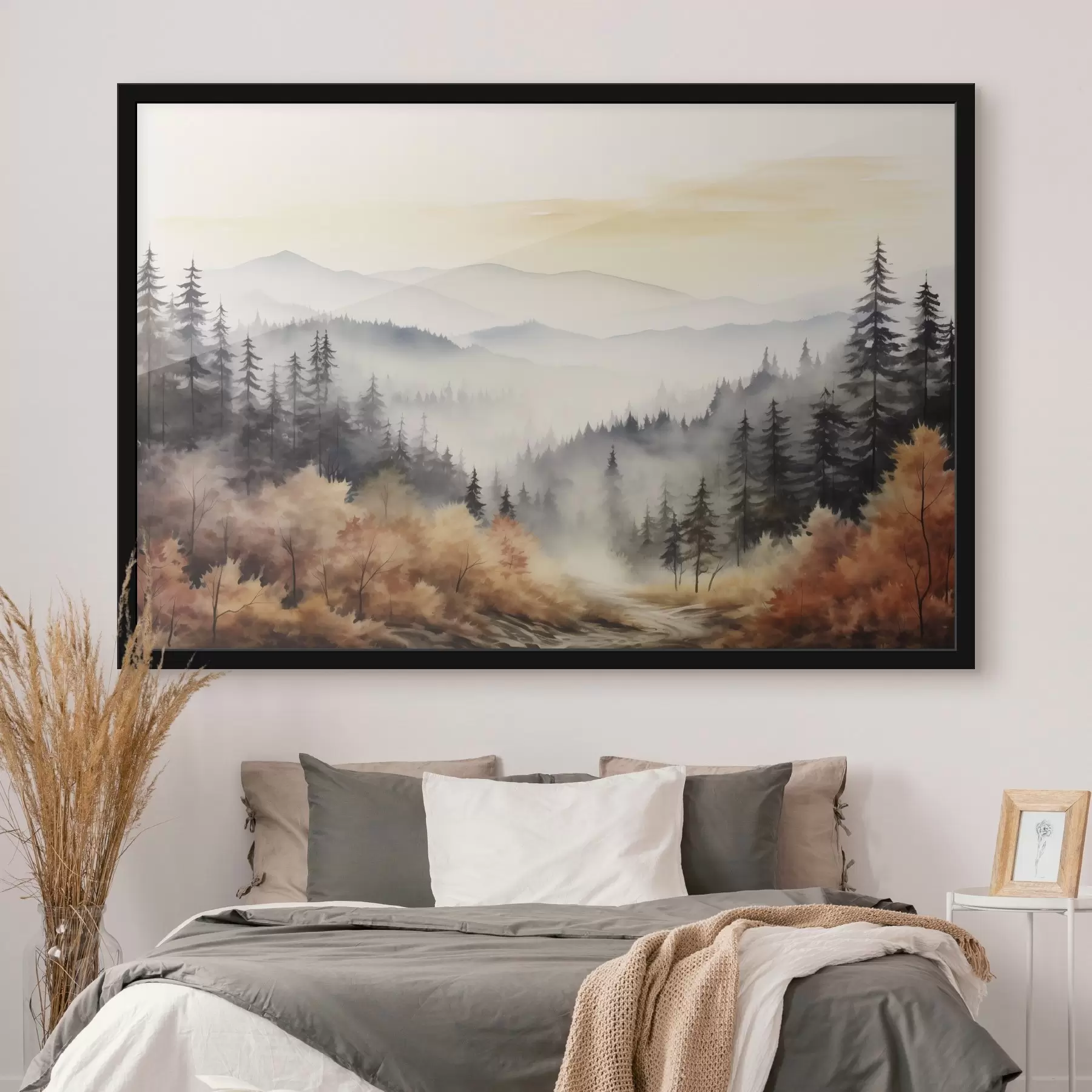 Fototapetes Skaisti miglaini kalni, rudens mežs, akvarelis f41646