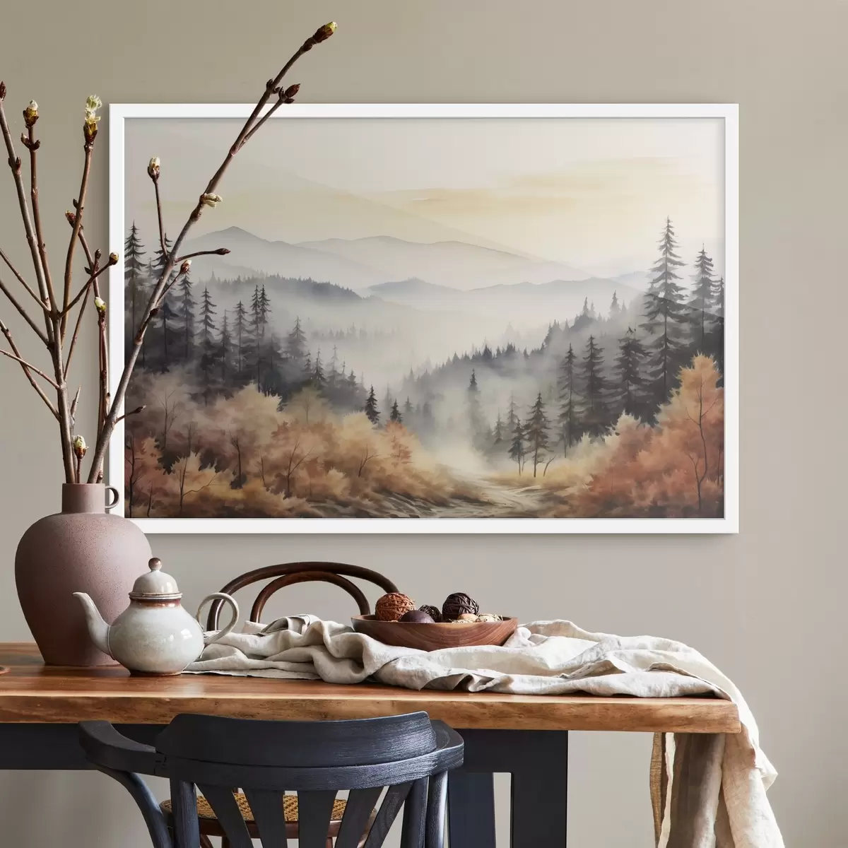 Plakāts Skaisti miglaini kalni, rudens mežs, akvarelis f41646