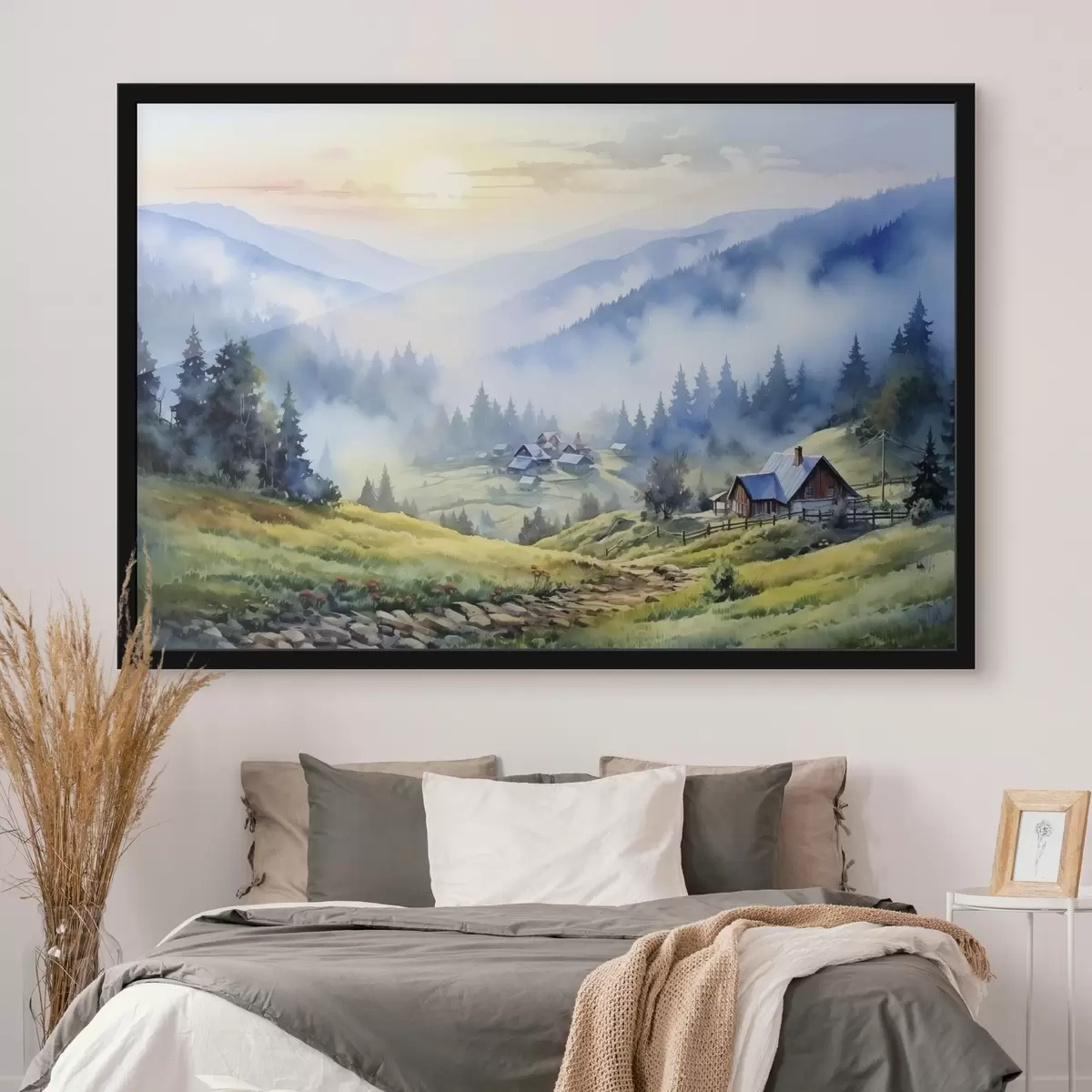 Plakāts Karpatu ciemats miglainos kalnos, mežs, akvarelis f41648