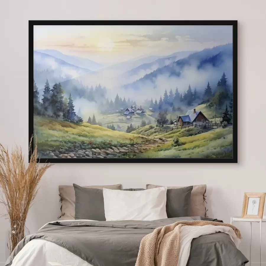 Fototapetes Karpatu ciemats miglainos kalnos, mežs, akvarelis f41648