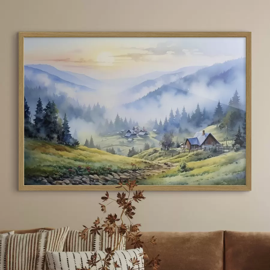Fototapetes Karpatu ciemats miglainos kalnos, mežs, akvarelis f41648