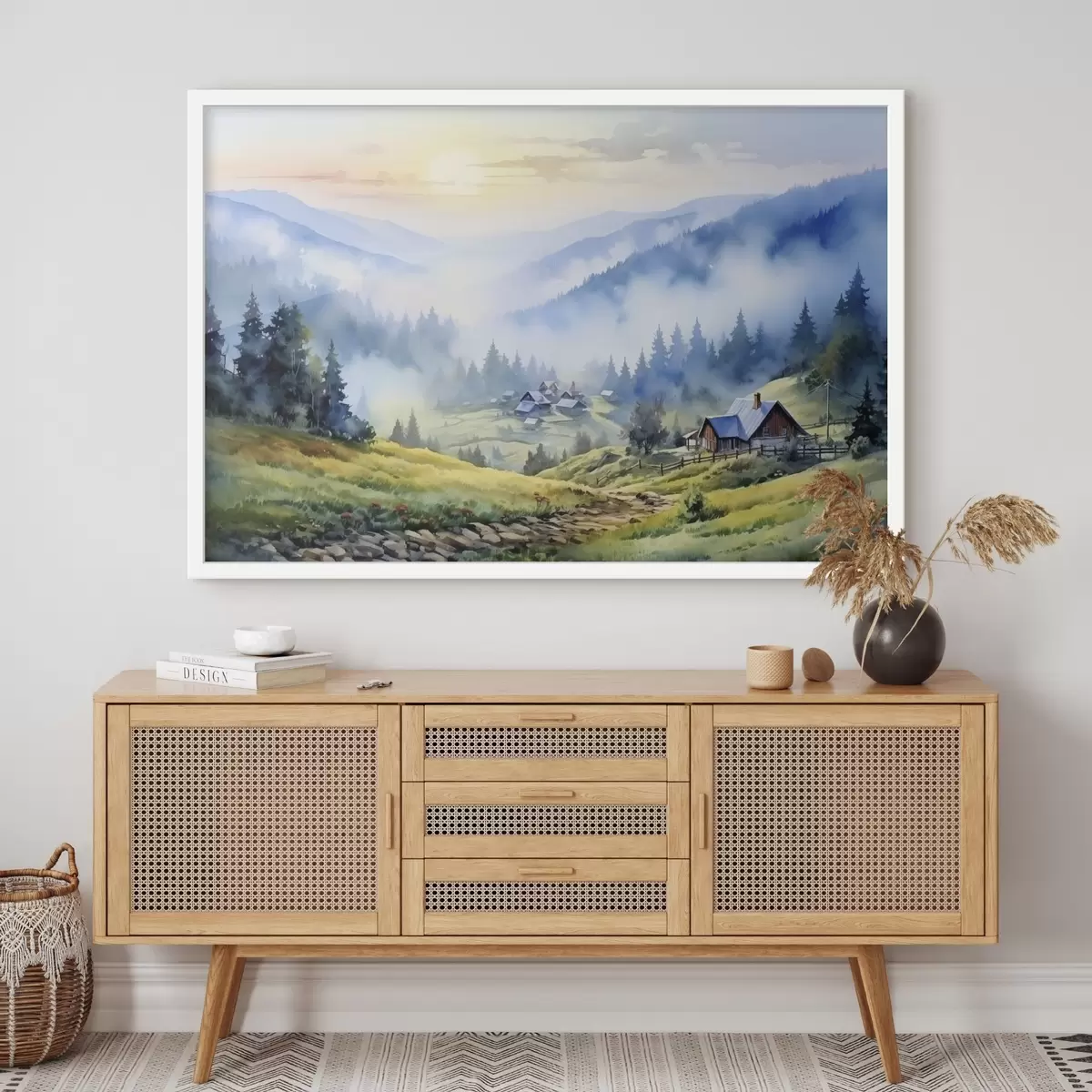 Plakāts Karpatu ciemats miglainos kalnos, mežs, akvarelis f41648