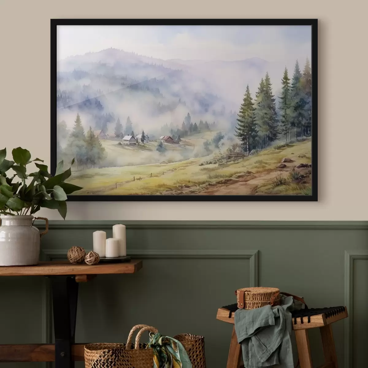 Plakāts Skaisti kalni, miglainas meža ainavas, akvarelis, ciems f41649