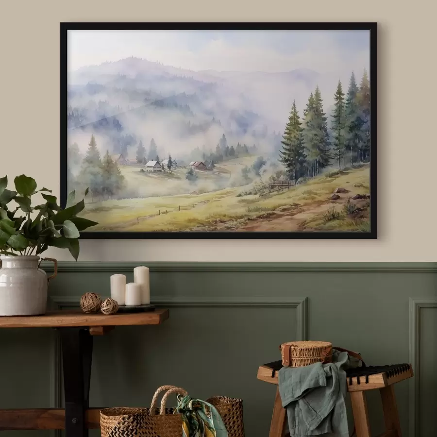 Fototapetes Skaisti kalni, miglainas meža ainavas, akvarelis, ciems f41649