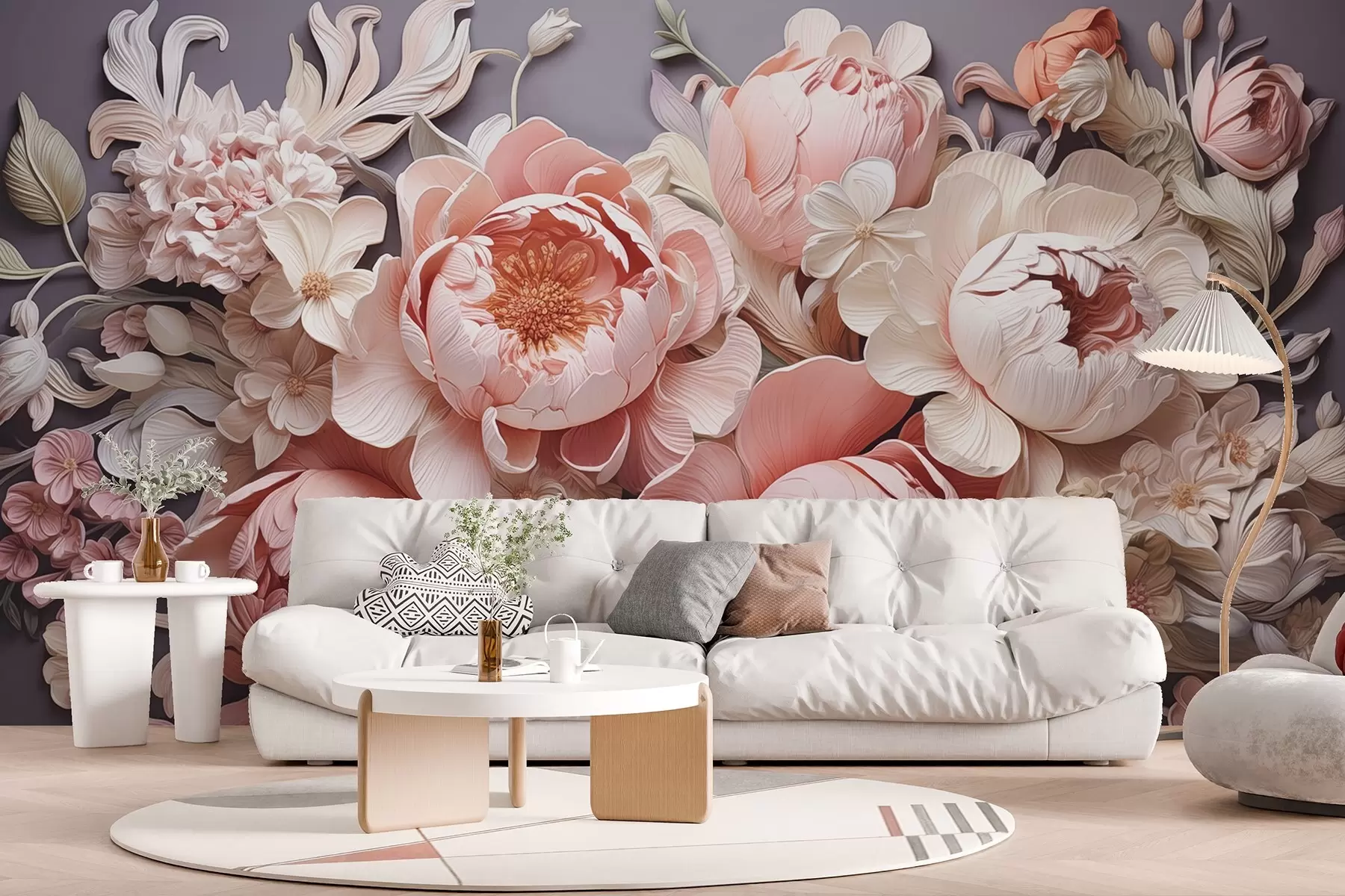 Fototapetes Rokoko stila ziedu kompozīcija no rozā-bēšs peonijām un rozēm gaišās krāsās w01933v1