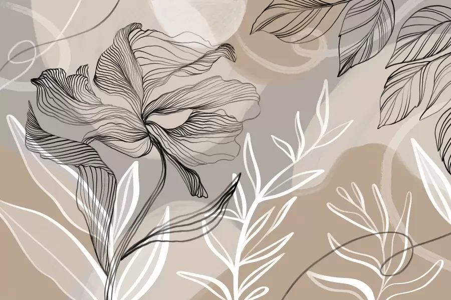 Fototapetes Eleganta ziedu apdruka ar lieliem abstraktiem līniju ziediem un lapām pelēkos un bēšos toņos uz gaiša fona w08413