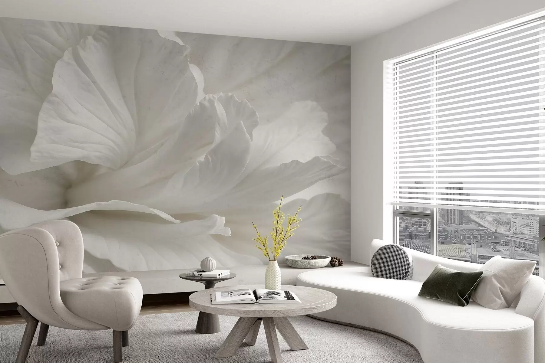 Fototapetes Abstrakta minimālisma apdruka ar maigu, samtainu baltu ziedu ar maigiem, samtainiem ziedlapiņām w08424