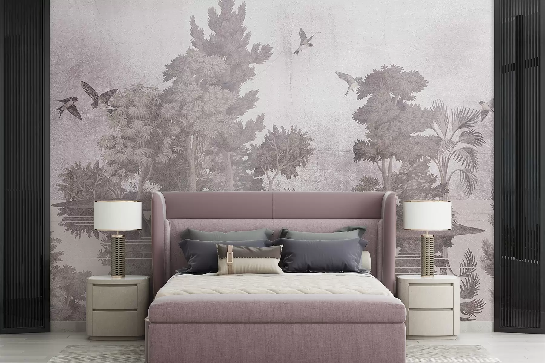 Fototapetes Meža ainavas izdruka ar ezeru, ko ieskauj priedes un citi zaļumi uz bēša fona w08426