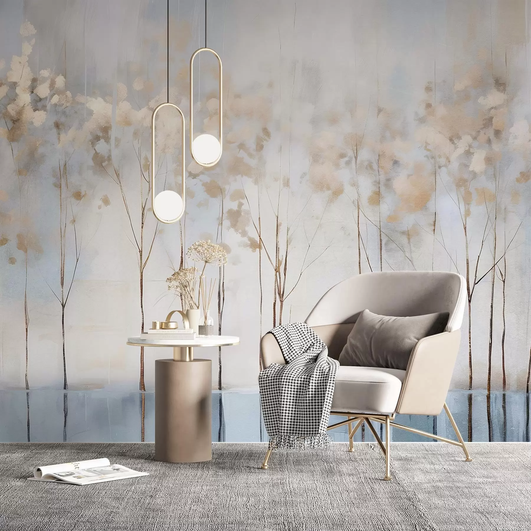 Fototapetes Plikie koki abstraktā pasteļtehnikā, izplūdušā, minimālistiskā ziemas ainavā ar mīkstu, miglainu fonu w08430