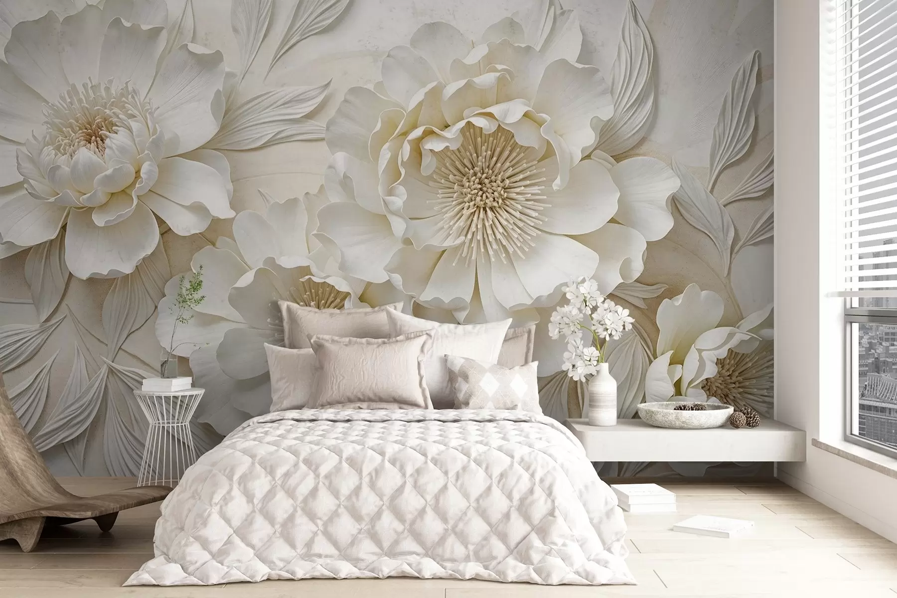 Fototapetes Eleganti apjomīgi baltas peonijas ziedu imitācija ar maigiem ziedlapiņām un pasteļdzelteniem centriem uz gaiša fona w08431