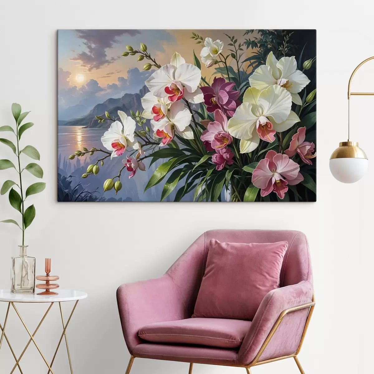 Glezna Spilgts tropisko ziedu pušķis ar orhidejām un sulīgu zaļo zaļumu uz jūras ainavas fona s41713