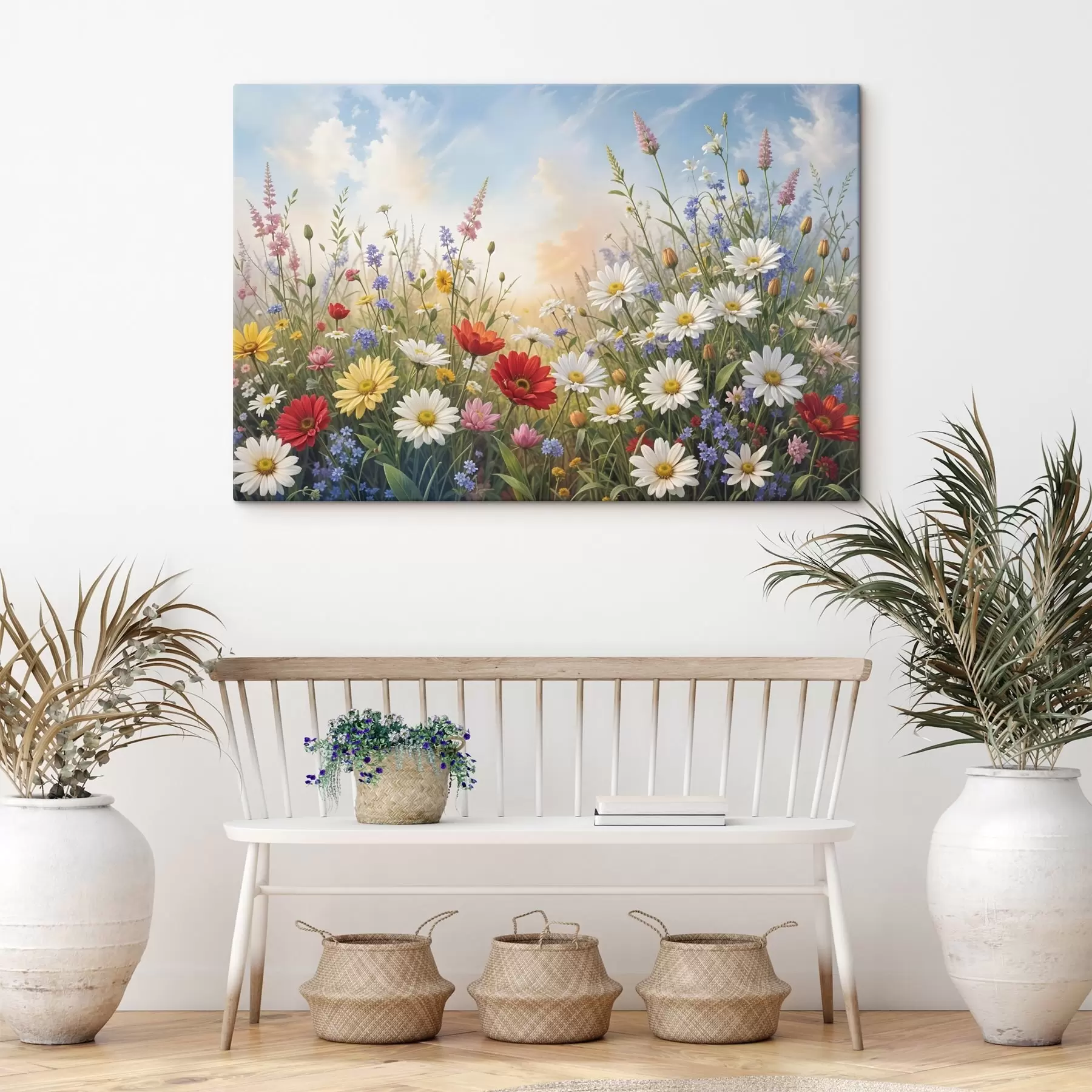 Fototapetes Krāsainu savvaļas ziedu lauks, tostarp margrietiņas, magones un citi ziedoši augi uz zilu debesu fona  s41725