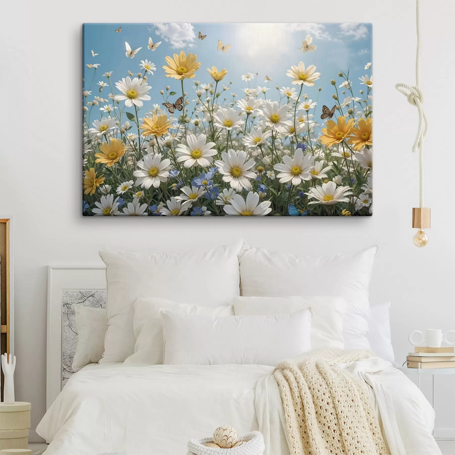 Fototapetes Baltu un dzeltenu margrietiņu lauks uz zilām debesīm ar pūkainiem baltiem mākoņiem un lidojošiem tauriņiem s41726