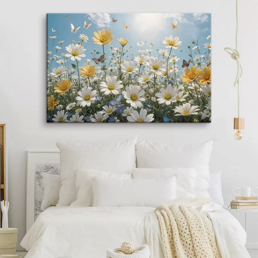 Glezna Baltu un dzeltenu margrietiņu lauks uz zilām debesīm ar pūkainiem baltiem mākoņiem un lidojošiem tauriņiem s41726