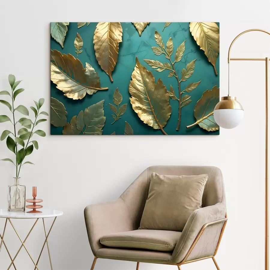 Glezna Dzeltenas maigas lapas uz tīteļkrāsas fona, veidojot elegantu botānisko apdruku s41727