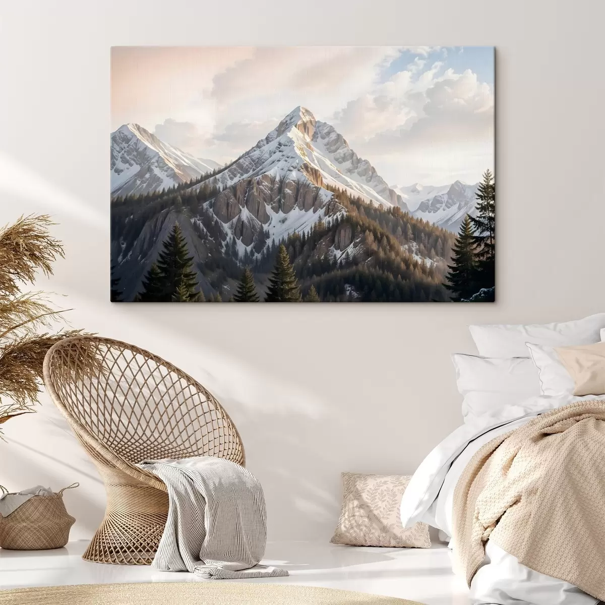 Glezna Sniegota kalna virsotne, kas paceļas virs mežainas ainavas, ar priedēm priekšplānā s41736