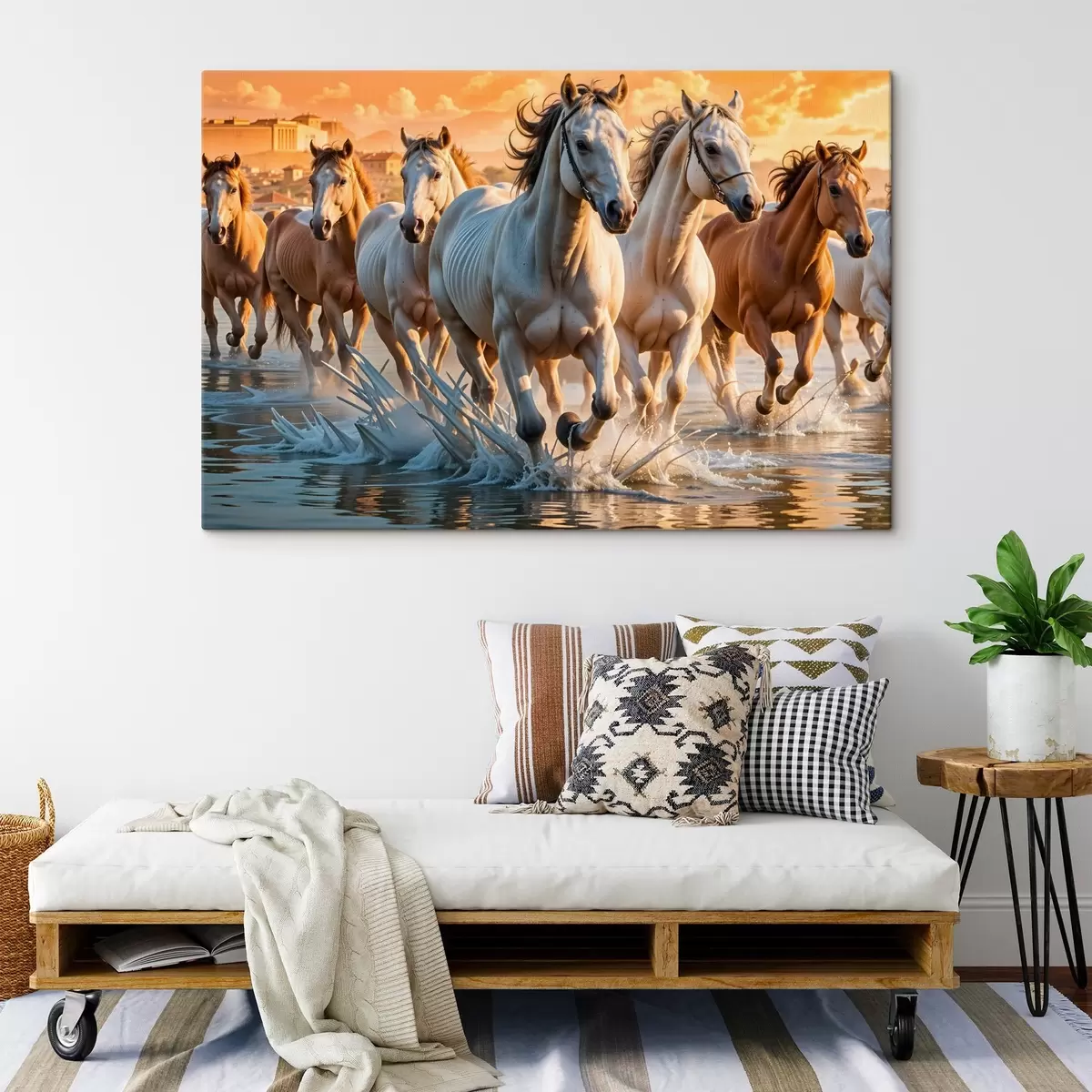 Glezna Baltu zirgu ganāmpulks, kas skrien pa seklūdeni, un fonā ir oranžas debesis s41740