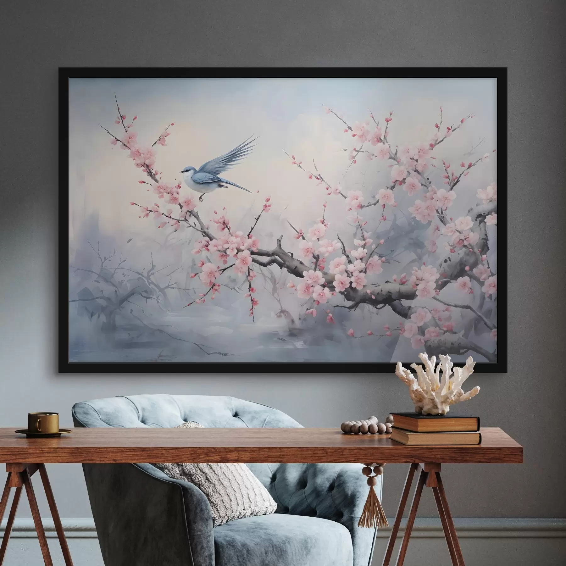 Fototapetes Zils putns, kas lido starp rozā ķiršu ziediem uz miglaina pavasara izslēgta fona f41712