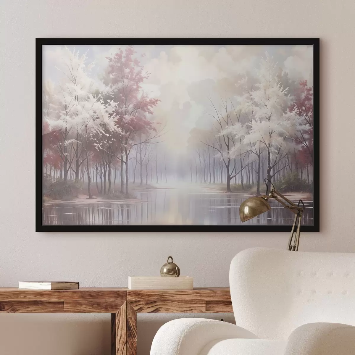 Plakāts Mierīga ainava ar miglainu mežu, kailiem kokiem un mierīgu ezeru, kas atspoguļo maigus rozā un baltus toņus f41720